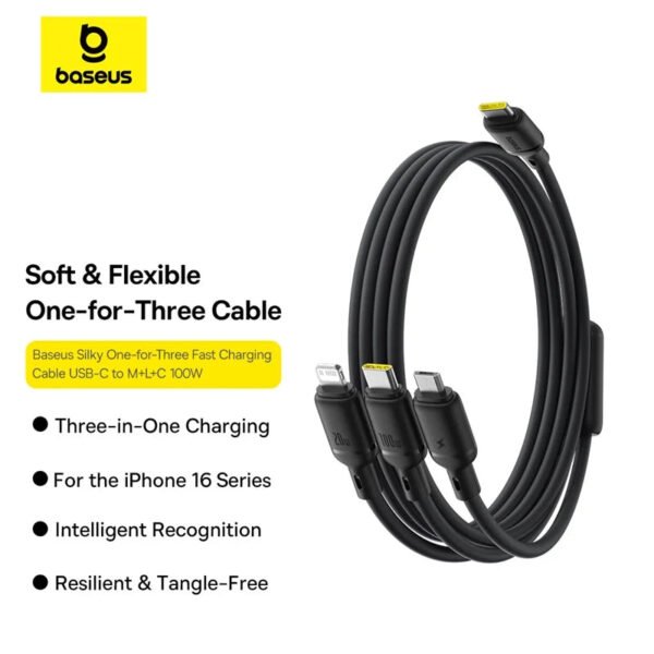 Baseus Silky One-for-Three Fast Charging Cable USB-C to M+L+C 100W 1.5m Cosmic Black - Image 10