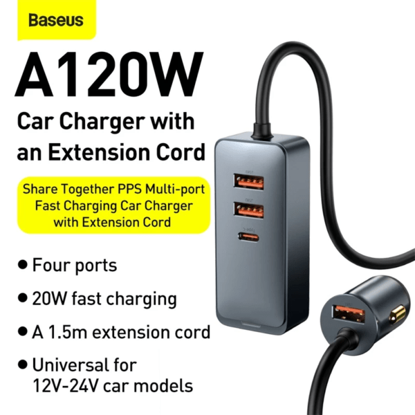 Baseus Share Together PPS Multi-Port Fast Charging Car Charger With Extension Cord 120W 2U+2C - Image 6
