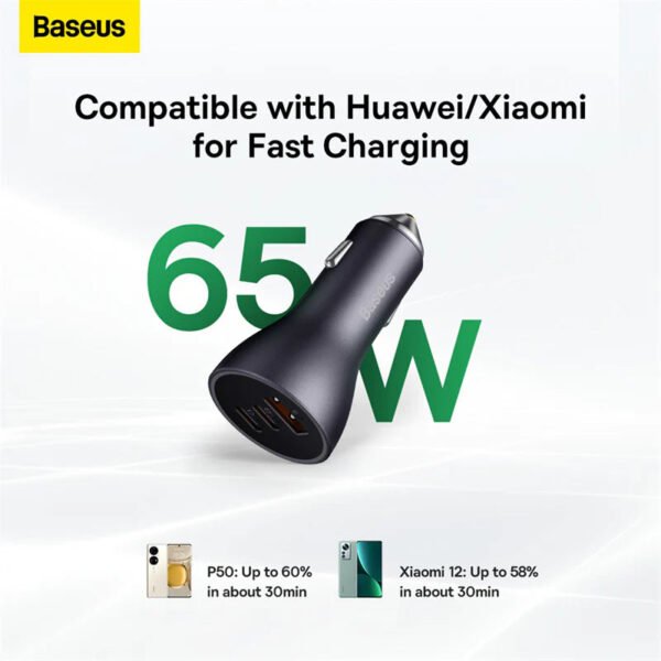 Baseus Golden Contactor Pro Triple Fast Charger Car Charger 65W U+C+C - Image 10
