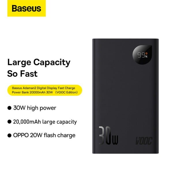 Baseus Adaman2 Digital Display Fast Charge Power Bank 20000mAh 30W (VOOC Edition) ( With Simple Series Charging Cable USB to Type-C 3A 0.3m Black) - Image 12