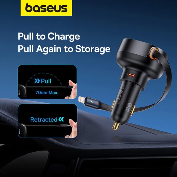 Baseus Enjoyment Pro Car Charger C+Retractable iP Cable 55W - Image 4
