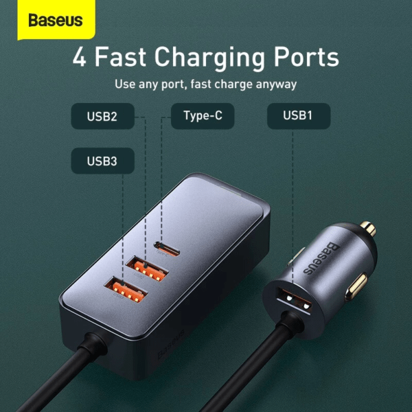 Baseus Share Together PPS Multi-Port Fast Charging Car Charger With Extension Cord 120W 2U+2C - Image 9