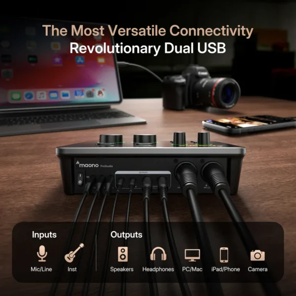 MAONO COMPLETE PODCAST STUDIO SETUP – 2x HD300 MICROPHONES + P2 AUDIO INTERFACE + 2x MH700 HEADPHONES - Image 3