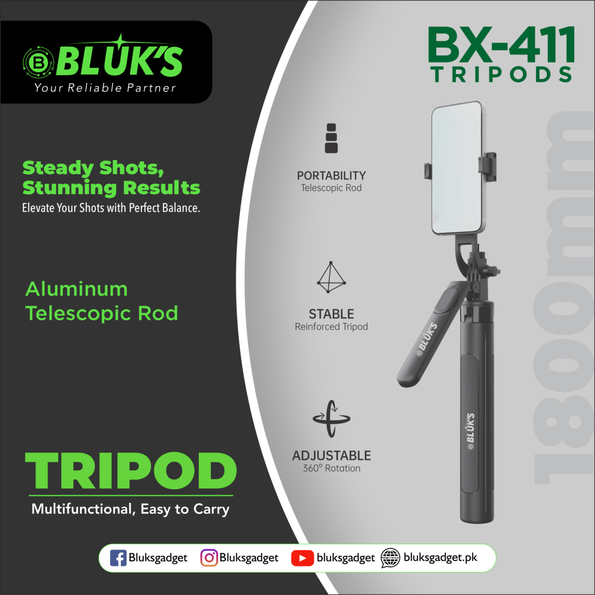 BX-411 1800mm Multifunctional Tripod with Remote & Flash Light - Image 2