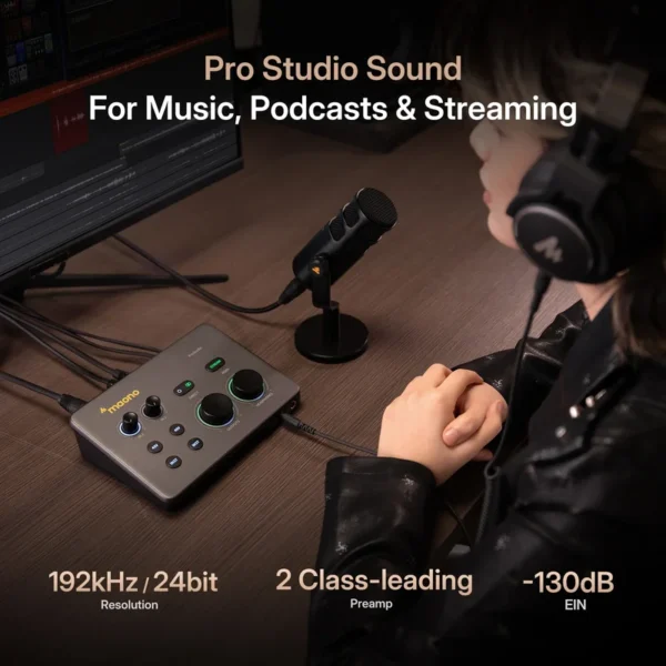 MAONO COMPLETE PODCAST STUDIO SETUP – 2x HD300 MICROPHONES + P2 AUDIO INTERFACE + 2x MH700 HEADPHONES - Image 12