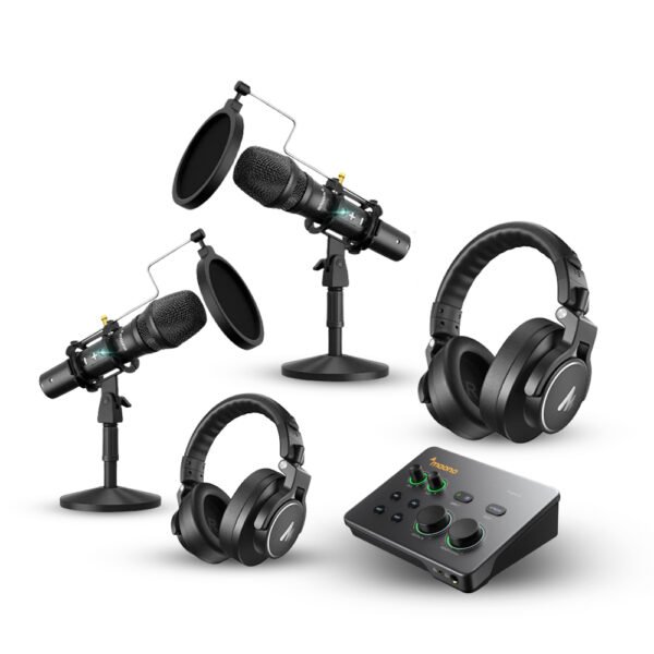 MAONO COMPLETE PODCAST STUDIO SETUP – 2x HD300 MICROPHONES + P2 AUDIO INTERFACE + 2x MH700 HEADPHONES